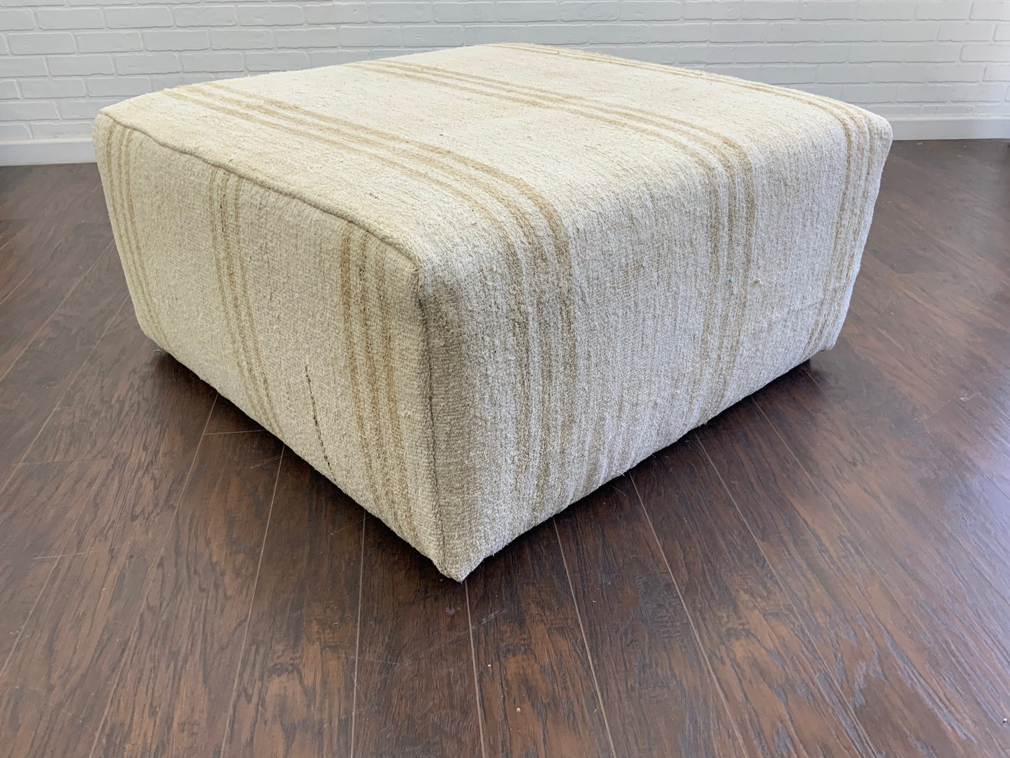 Handcrafted Vintage White Hemp Upholstered Ottoman 3' x 3' - A
