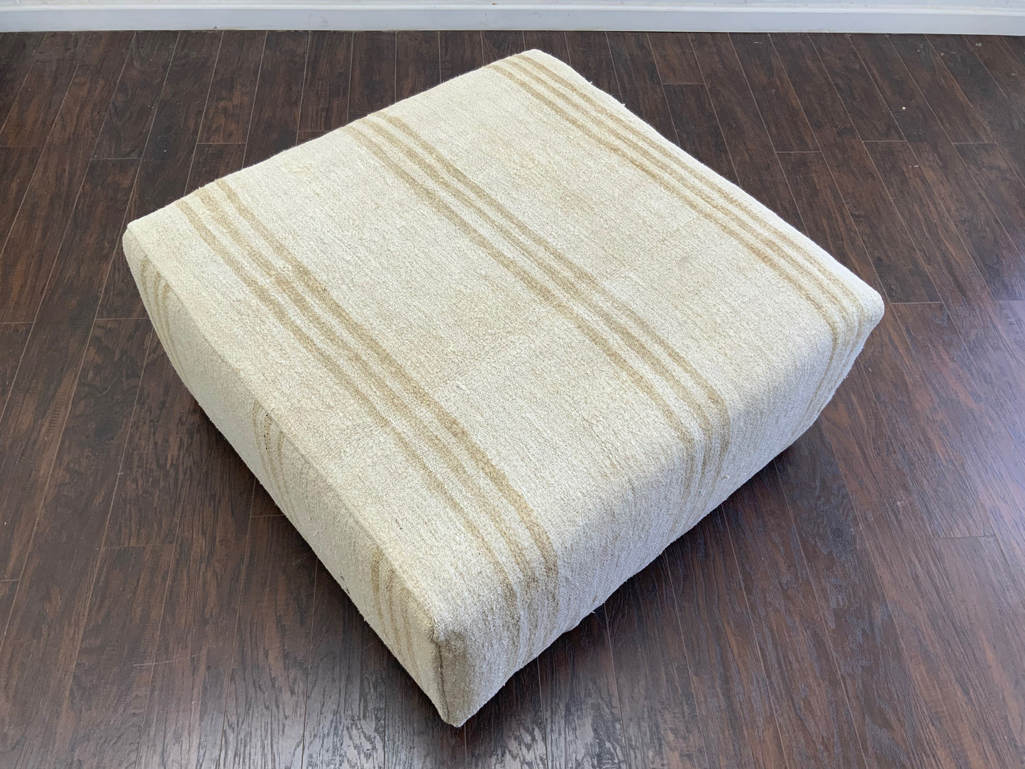Handcrafted Vintage White Hemp Upholstered Ottoman 3' x 3' - A