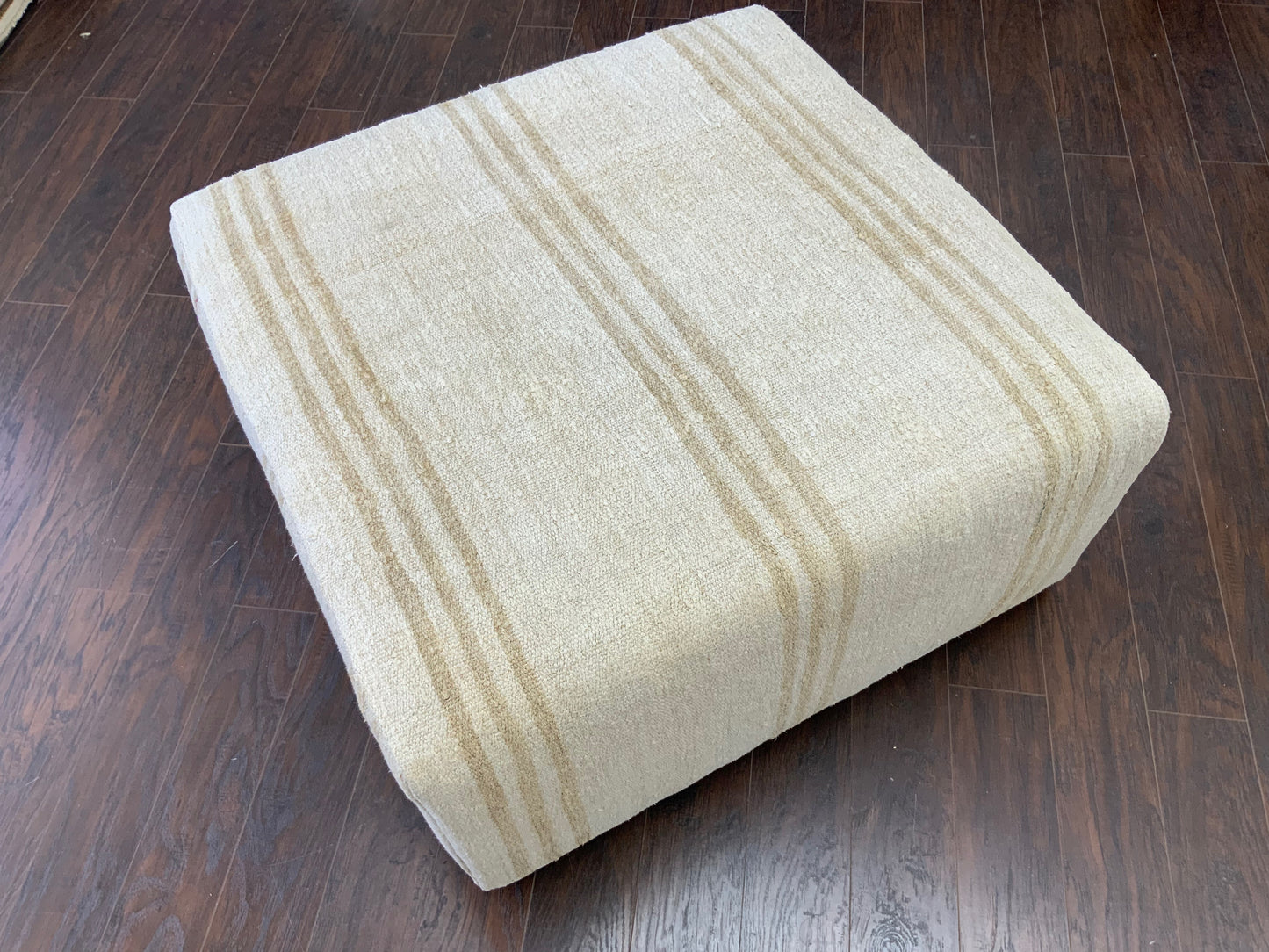 Handcrafted Vintage White Hemp Upholstered Ottoman 3' x 3' - A