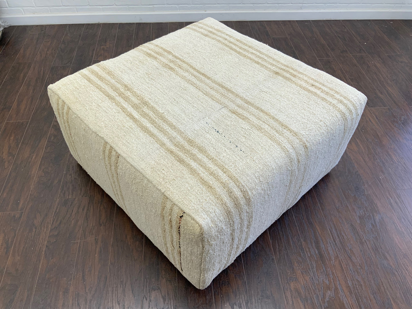 Handcrafted Vintage White Hemp Upholstered Ottoman 3' x 3' - B