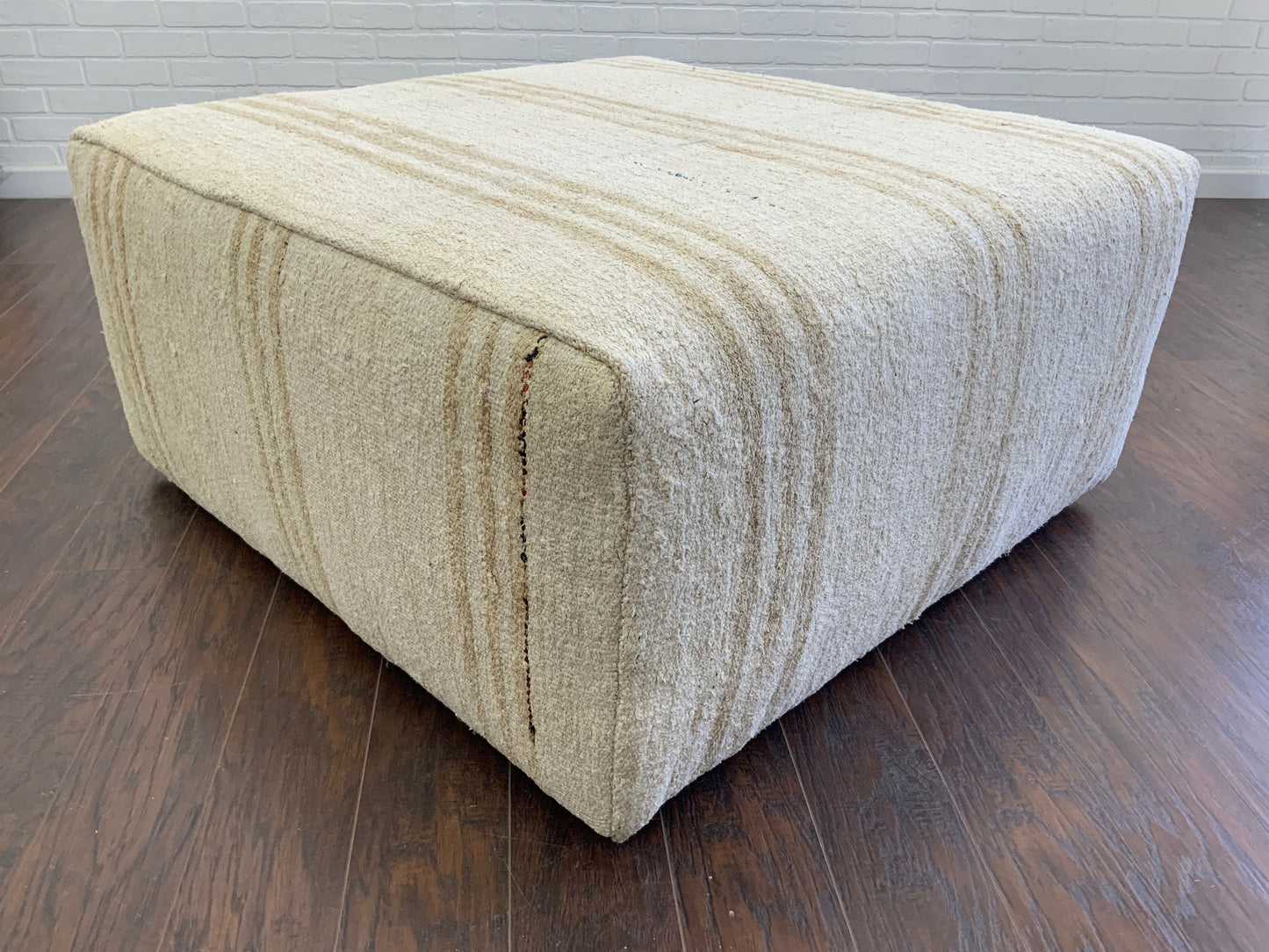 Handcrafted Vintage White Hemp Upholstered Ottoman 3' x 3' - B