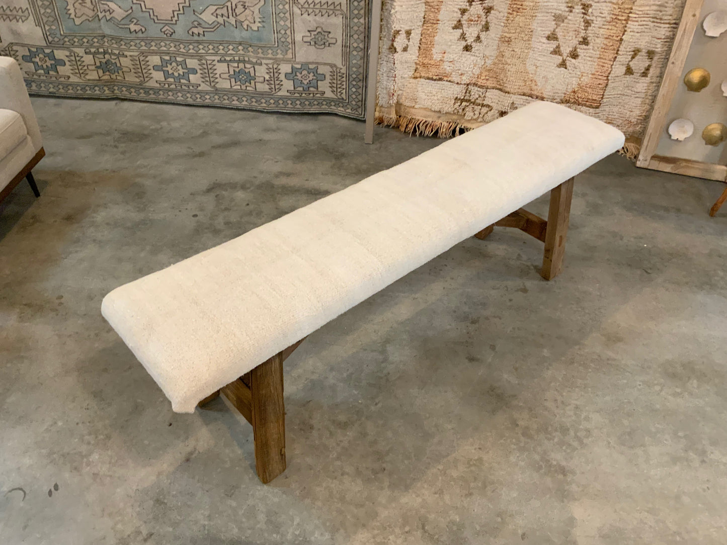 LG - Vintage Rug Upholstered Wood Bench - White Turkish Hemp