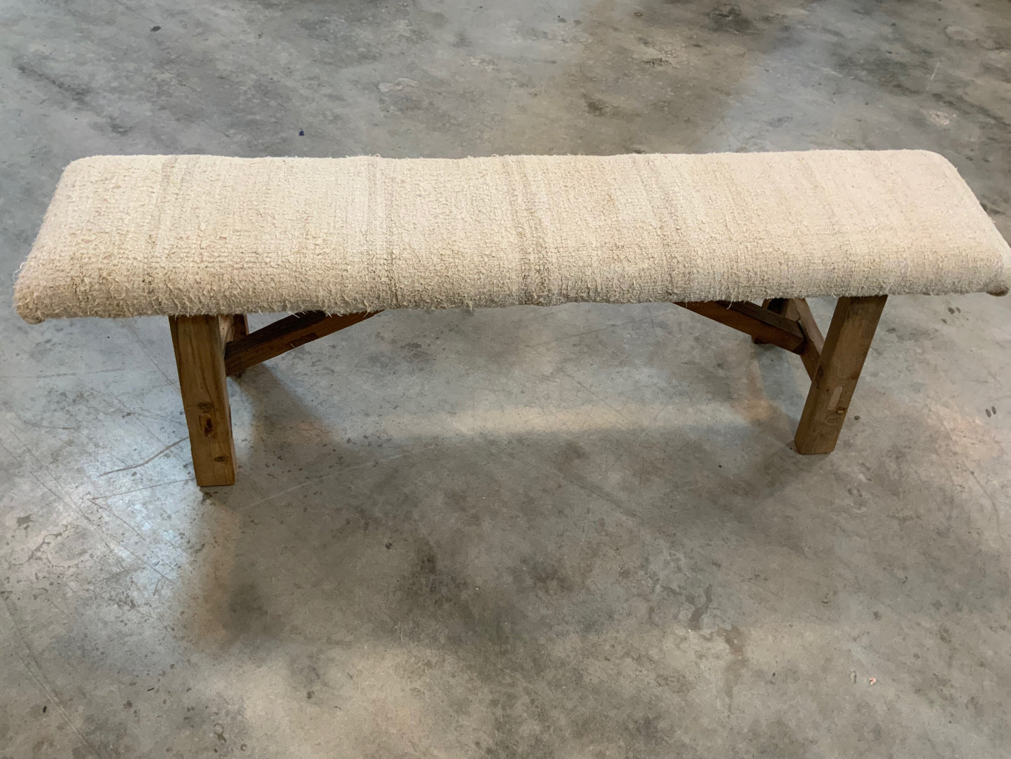 LG - Vintage Rug Upholstered Wood Bench - White Turkish Hemp