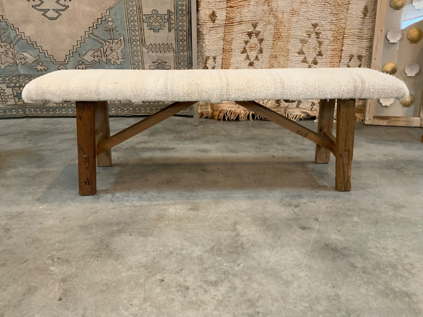 LG - Vintage Rug Upholstered Wood Bench - White Turkish Hemp