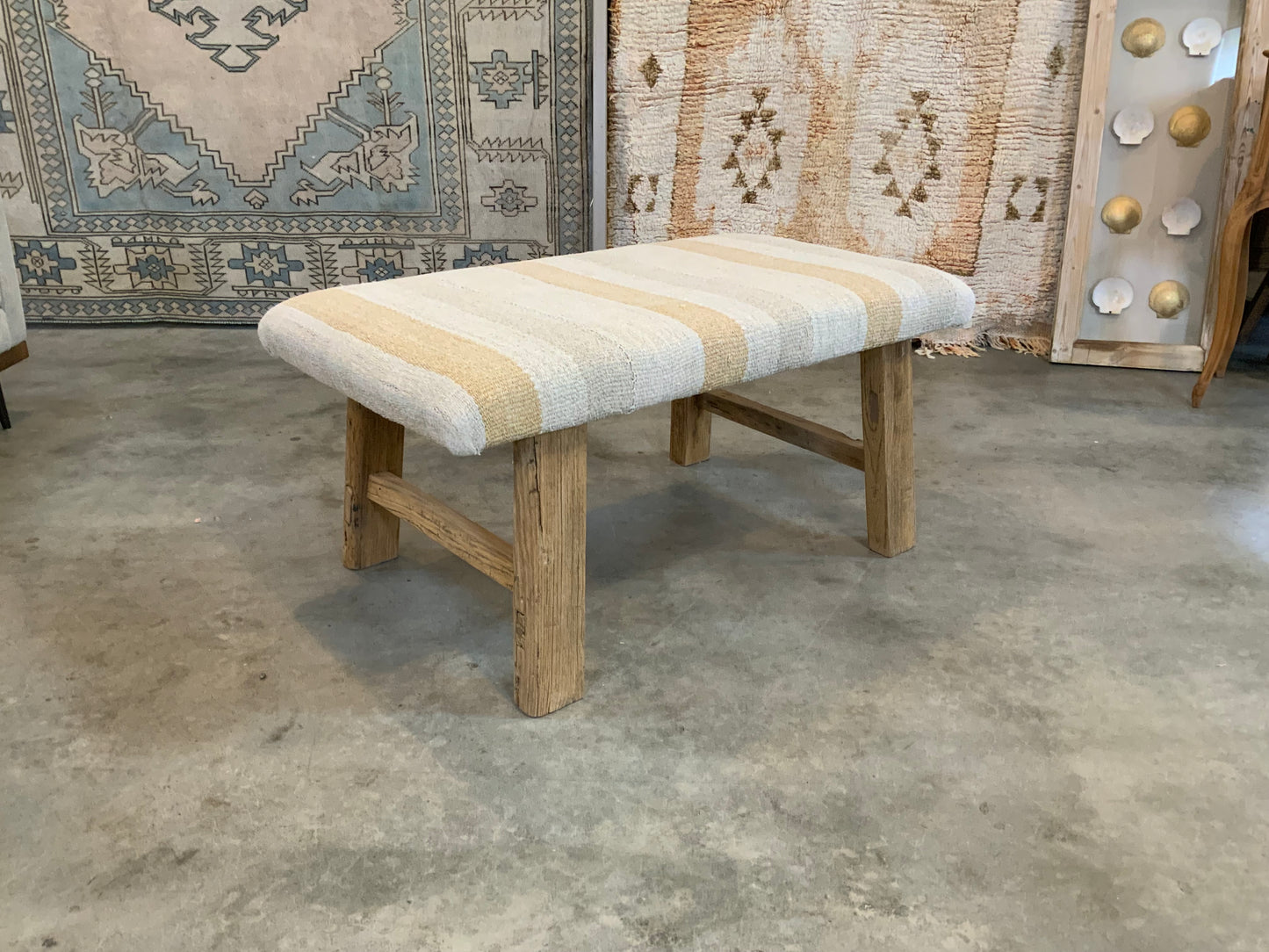 Handcrafted Vintage Rug Upholstered Ottoman - Elm Legs