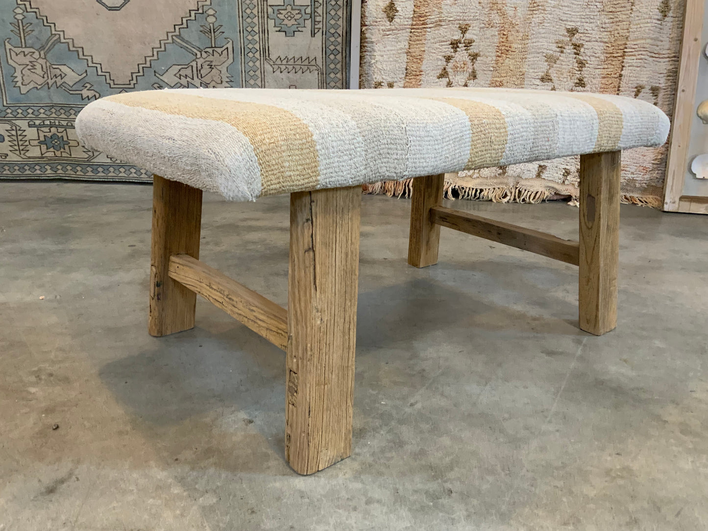 Handcrafted Vintage Rug Upholstered Ottoman - Elm Legs