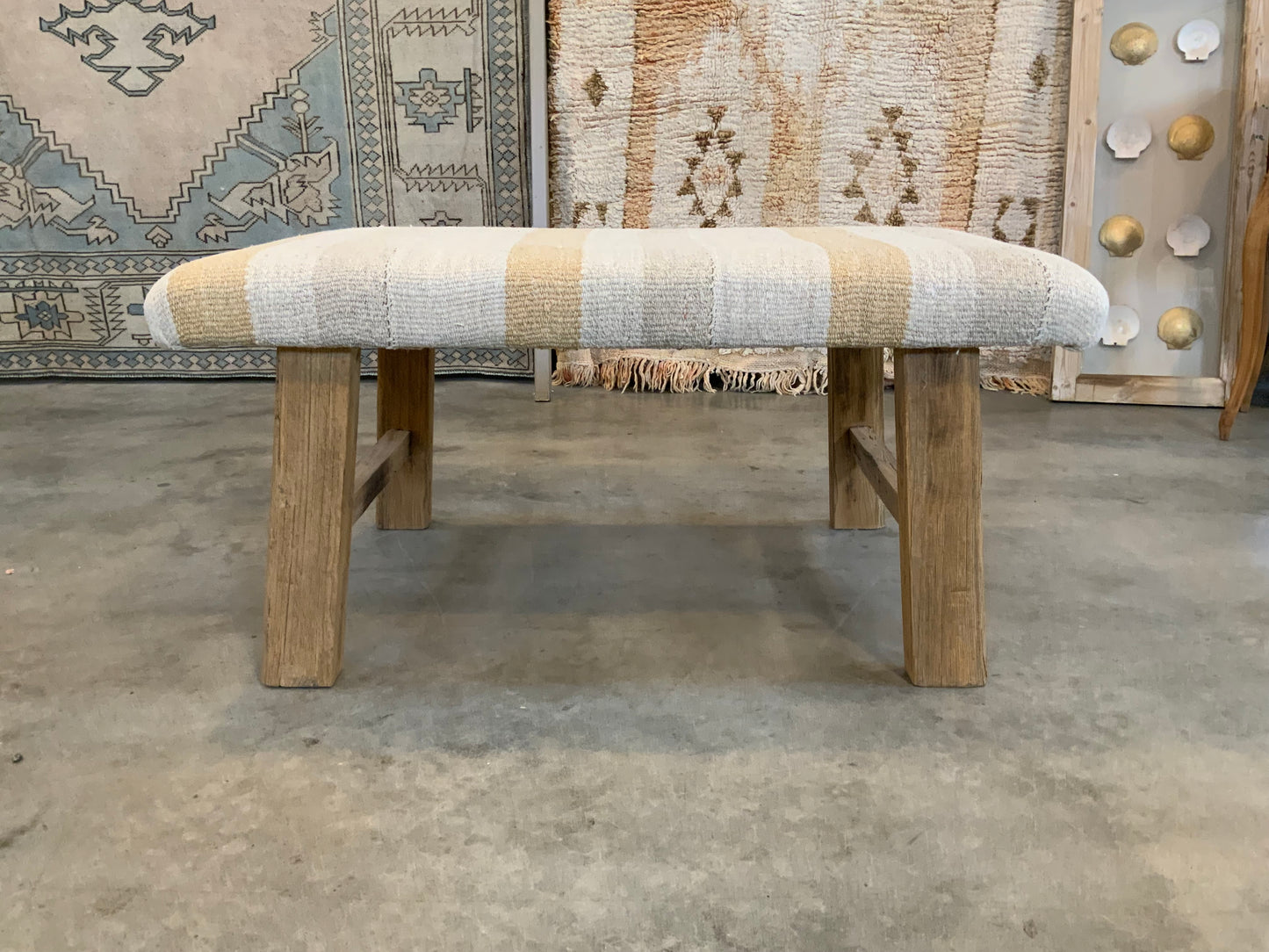 Handcrafted Vintage Rug Upholstered Ottoman - Elm Legs
