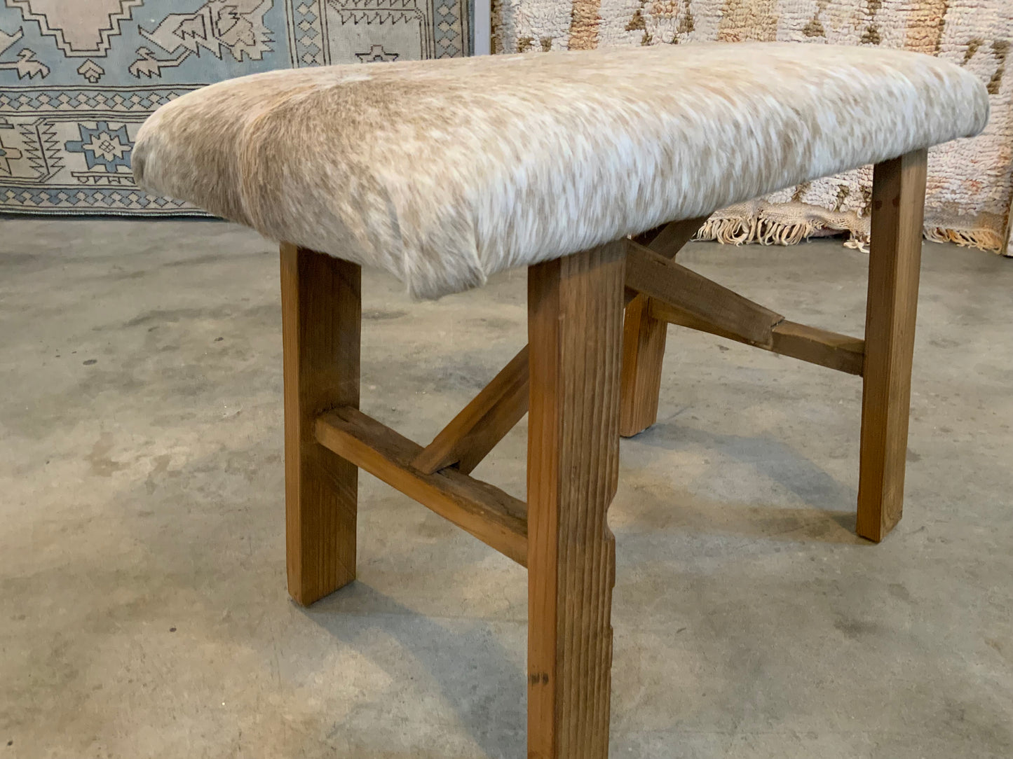 Med - Cow Hide Upholstered Wood Bench
