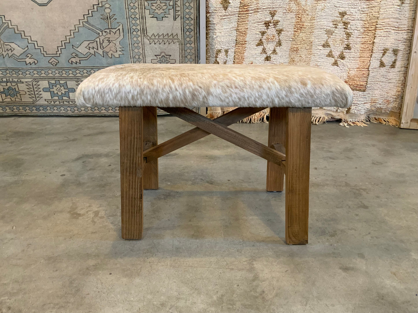 Med - Cow Hide Upholstered Wood Bench