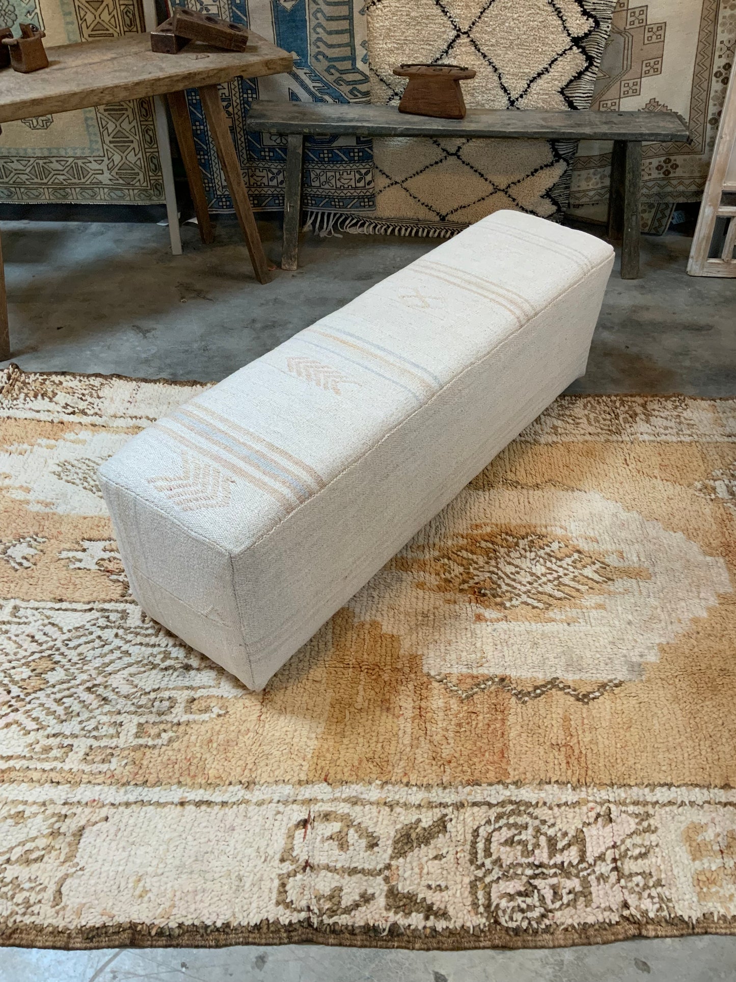 Handcrafted Vintage Hemp Upholstered 5’ Bench Ottoman A