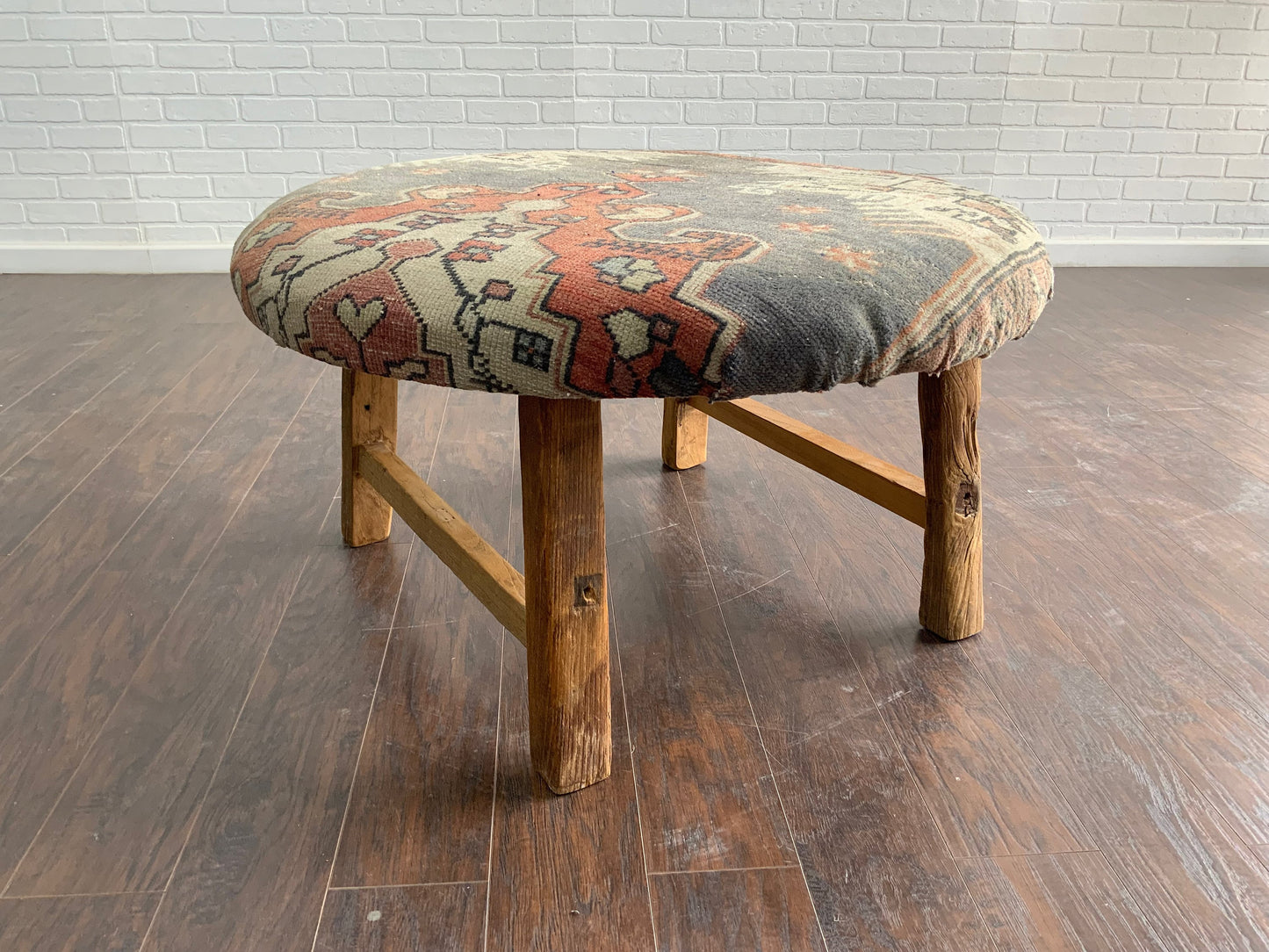 Handcrafted Vintage Rug Upholstered Ottoman - Elm Legs