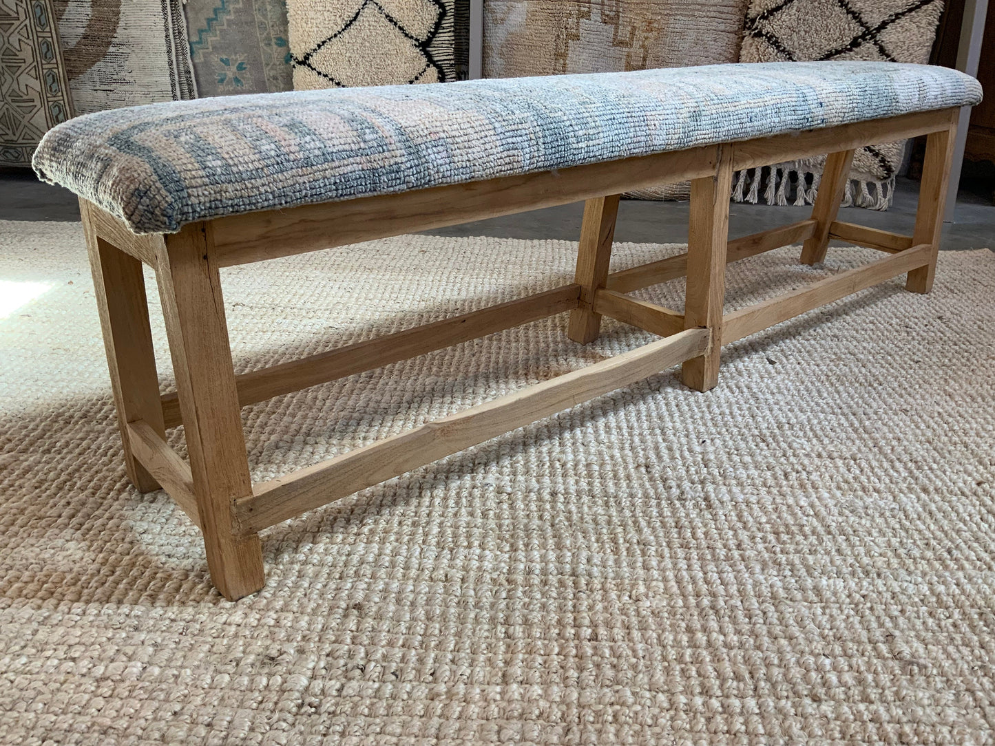 LG - Vintage Rug Upholstered Bleached Wood Bench - A