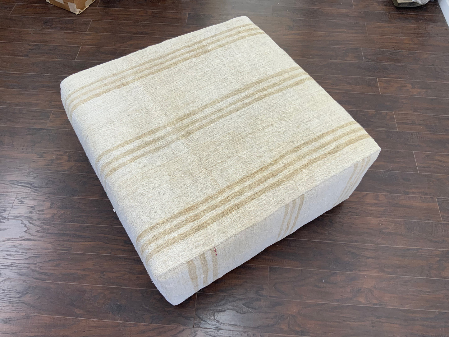Handcrafted Vintage White Hemp Upholstered Ottoman 3' x 3' - A