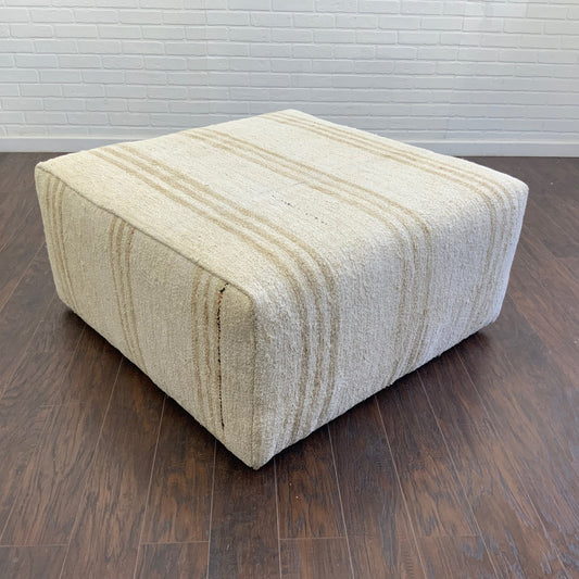 Handcrafted Vintage White Hemp Upholstered Ottoman 3' x 3' - B