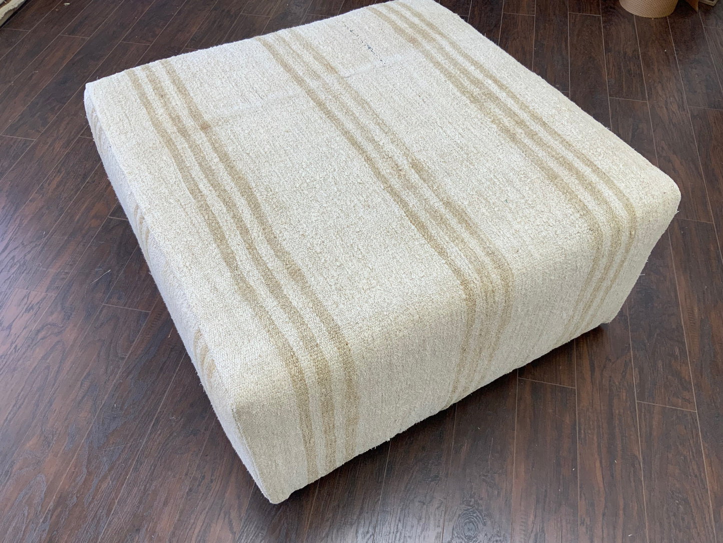 Handcrafted Vintage White Hemp Upholstered Ottoman 3' x 3' - B