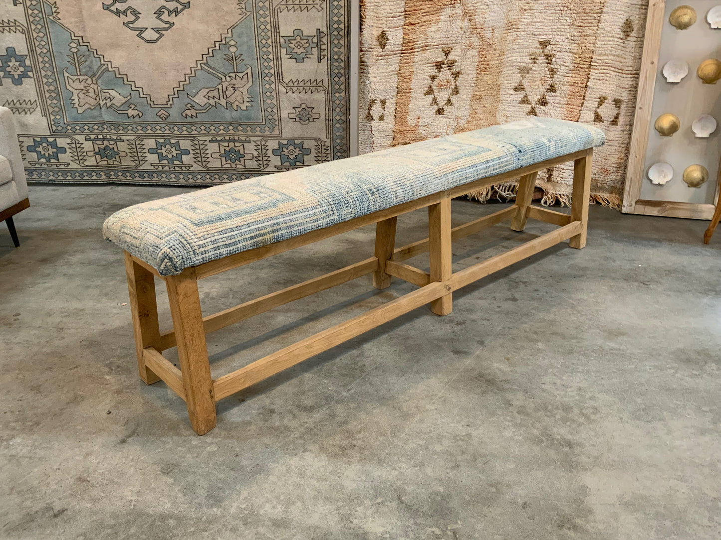 LG - Vintage Rug Upholstered Bleached Wood Bench - B