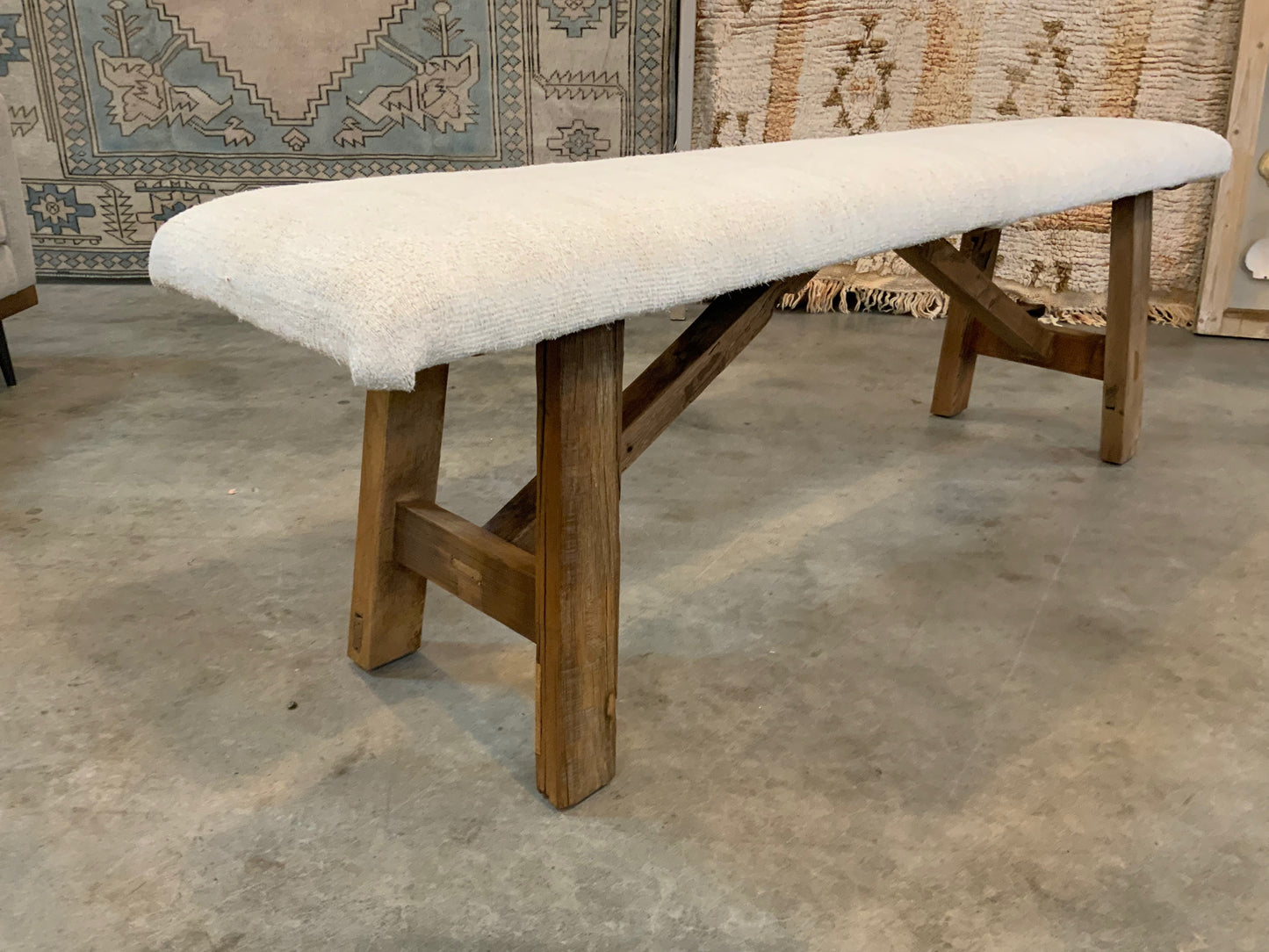 LG - Vintage Rug Upholstered Wood Bench - White Turkish Hemp