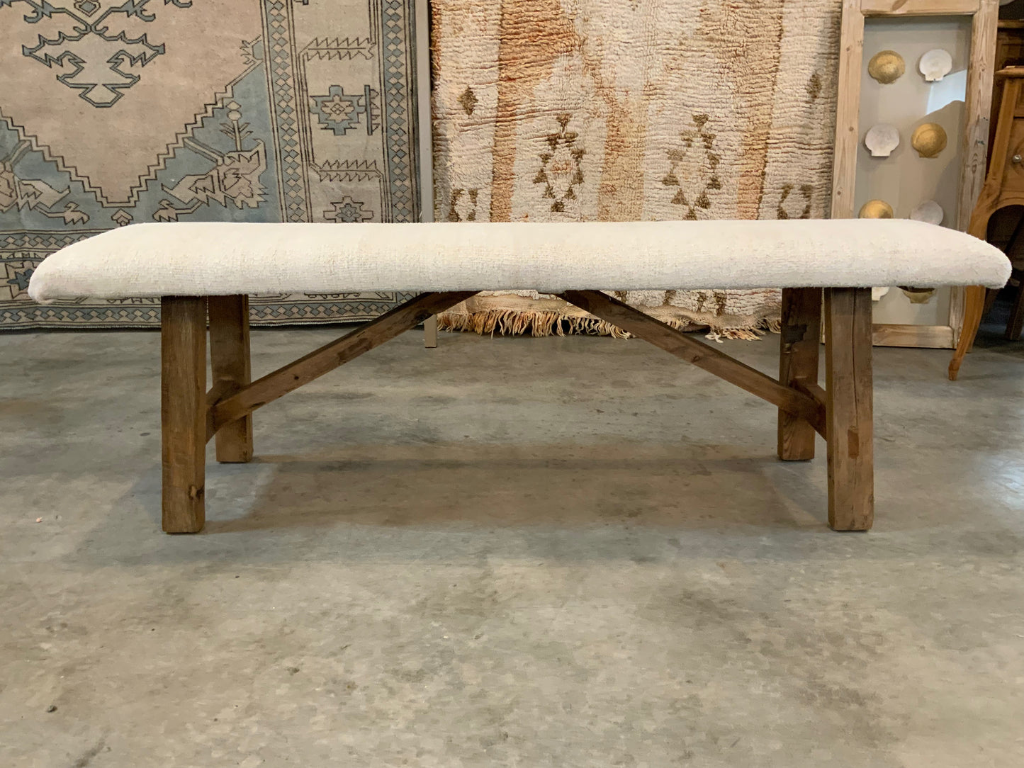 LG - Vintage Rug Upholstered Wood Bench - White Turkish Hemp