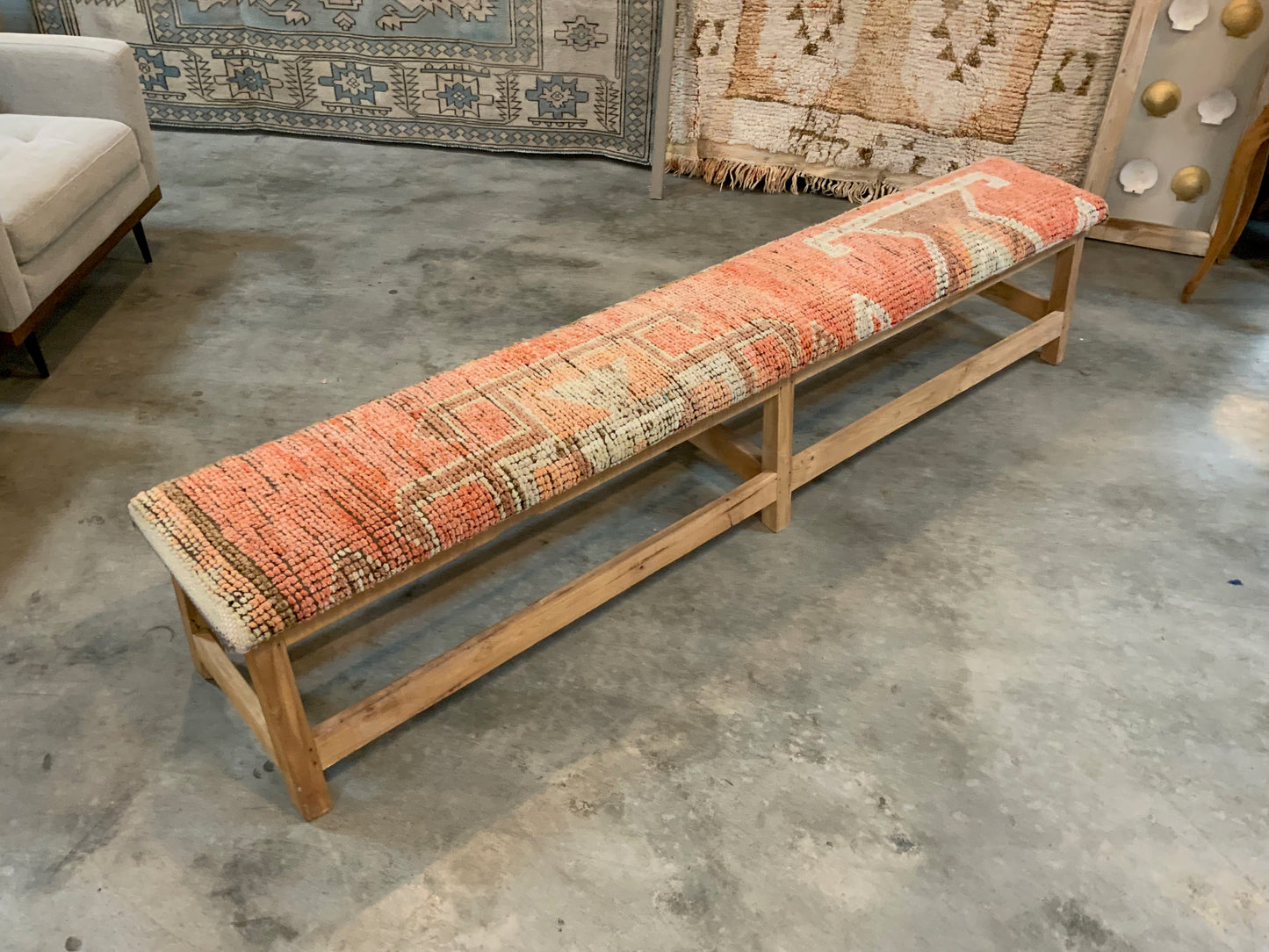 LG - Vintage Rug Upholstered Bleached Wood Bench