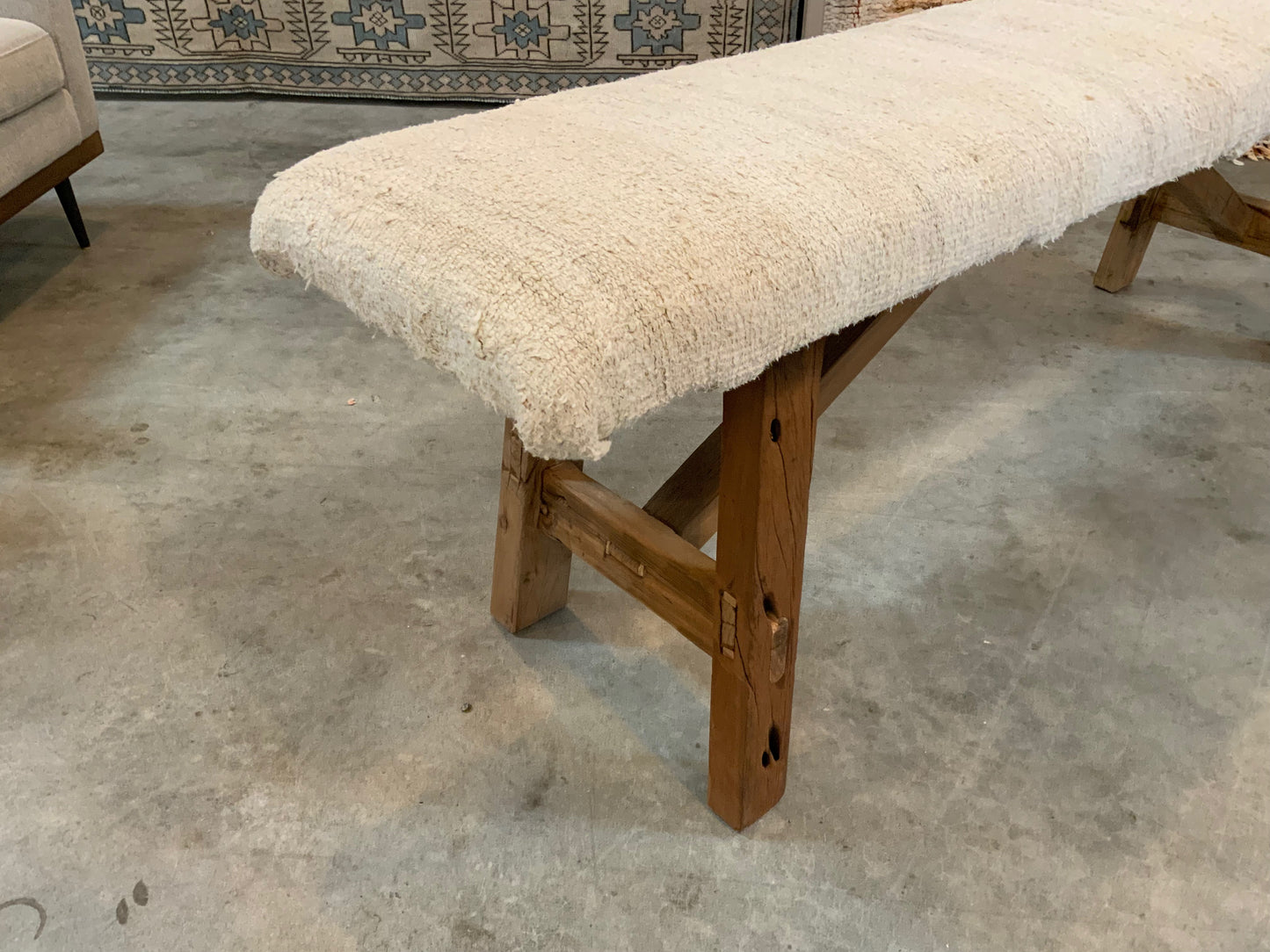 LG - Vintage Rug Upholstered Wood Bench - White Turkish Hemp