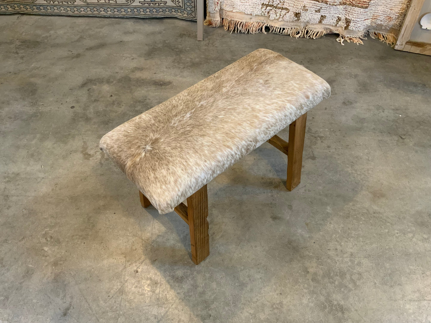 Med - Cow Hide Upholstered Wood Bench