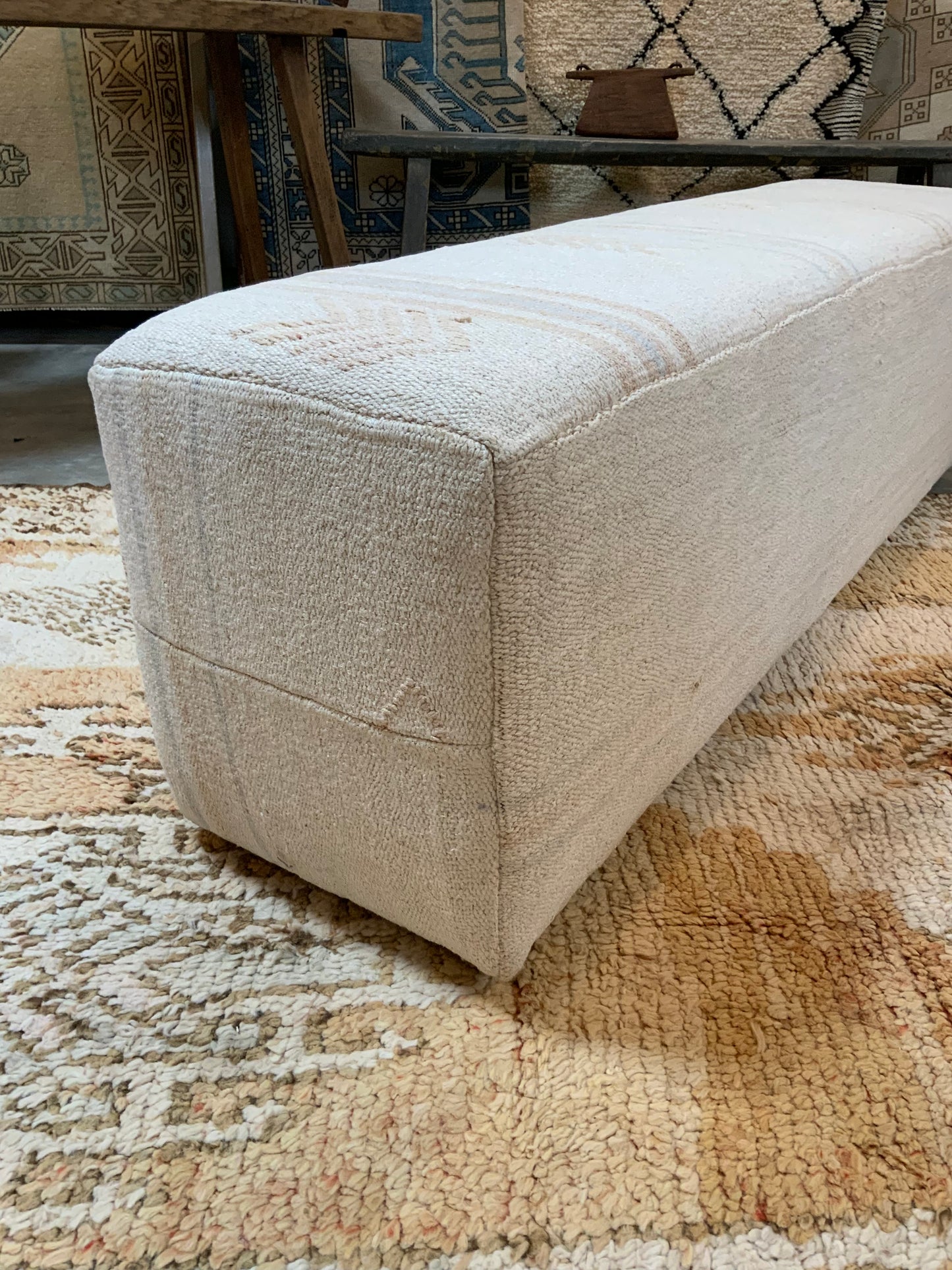 Handcrafted Vintage Hemp Upholstered 5’ Bench Ottoman A