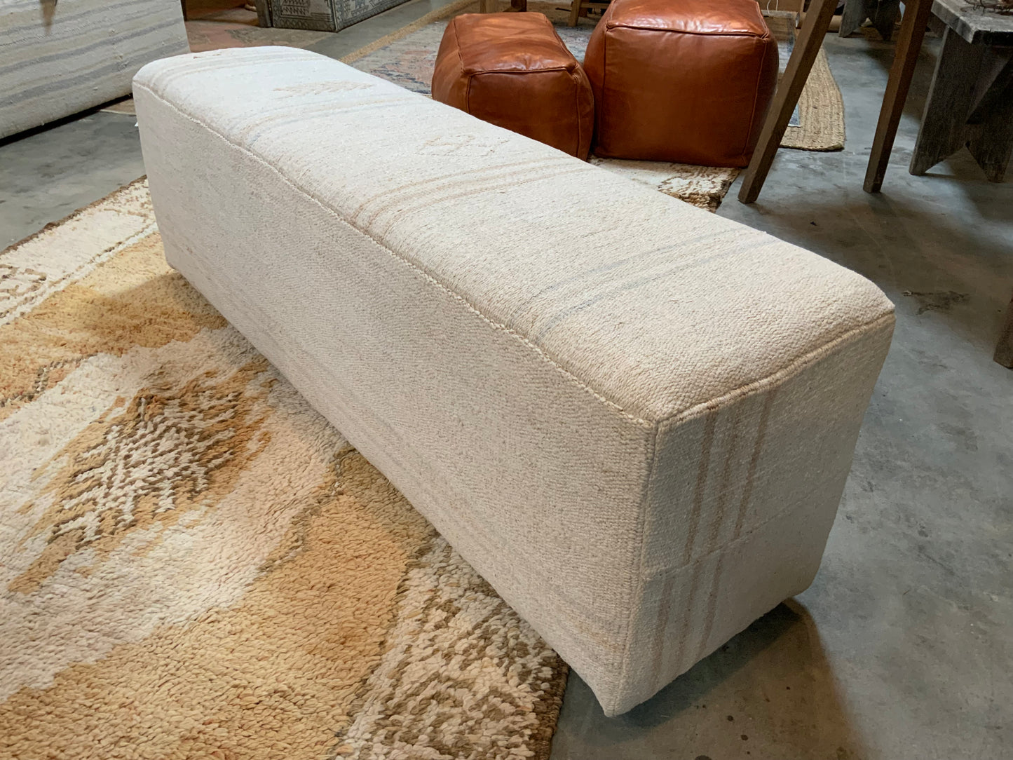 Handcrafted Vintage Hemp Upholstered 5’ Bench Ottoman A