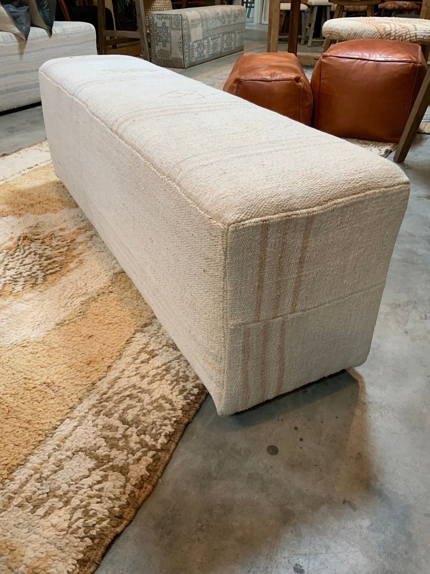 Handcrafted Vintage Hemp Upholstered 5’ Bench Ottoman A