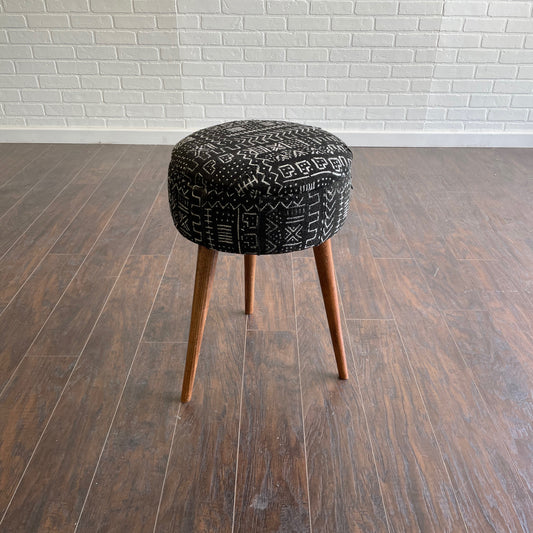 Round Turkish Upholstered Ottoman Mud Cloth - Tall