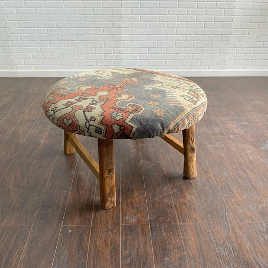 Handcrafted Vintage Rug Upholstered Ottoman - Elm Legs