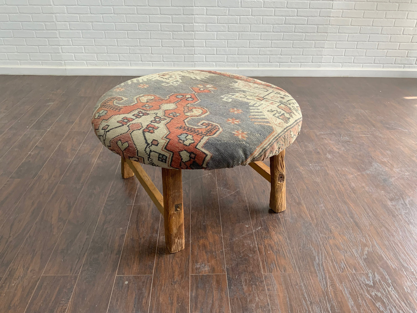 Handcrafted Vintage Rug Upholstered Ottoman - Elm Legs