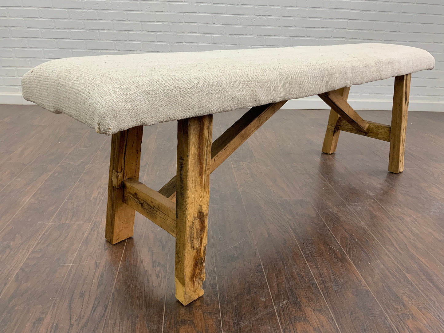 LG - Vintage Rug Upholstered Wood Bench - White Turkish Hemp